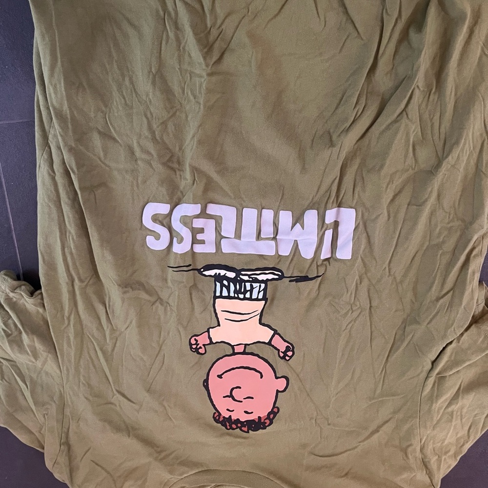 Olive Green Graphic Tee with 'LIMTESS' and Cartoon Character